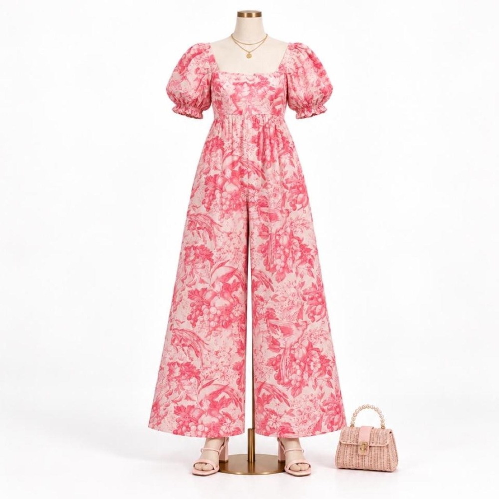 Selkie Pink Toile Puff Sleeve Jumpsuit — Size Medium